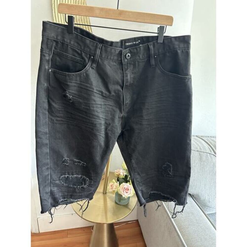 Smoke Rise Shorts Men's 40 Black Denim Distressed Streetwear Rave